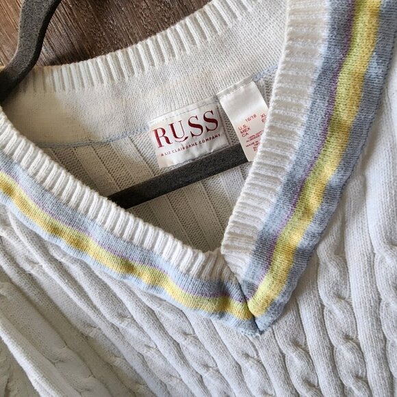 RUSS Liz Claiborne V-Neck White Tennis Sweater Women's Size XL Preppy Cable Knit - Picture 4 of 13